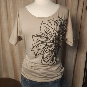 Espresso Womens Small Beaded Floral Ruched Top Beige Dolman Boho Y2K